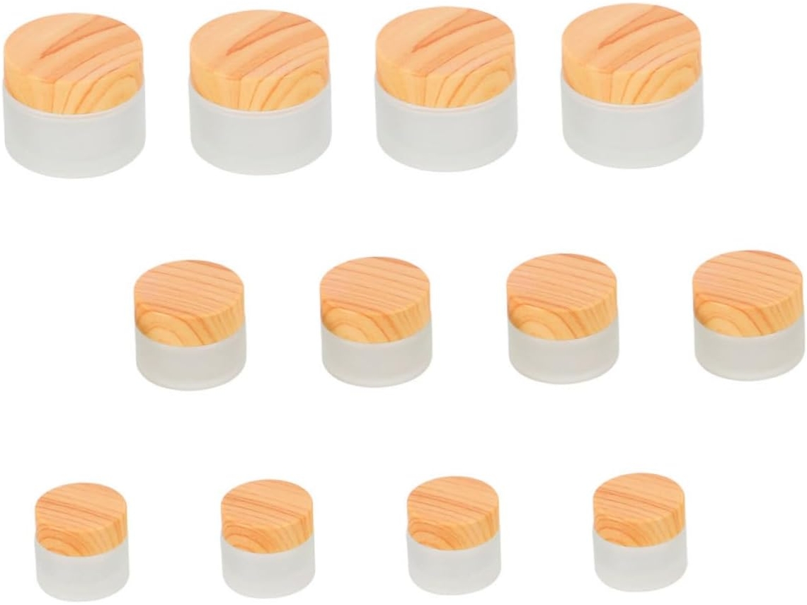 De 12 Potes Cosméticos Com Tampas De Madeira E Vidro Fosco, Capacidades De 5g, 10g E 30g. Práticos E Funcionais.