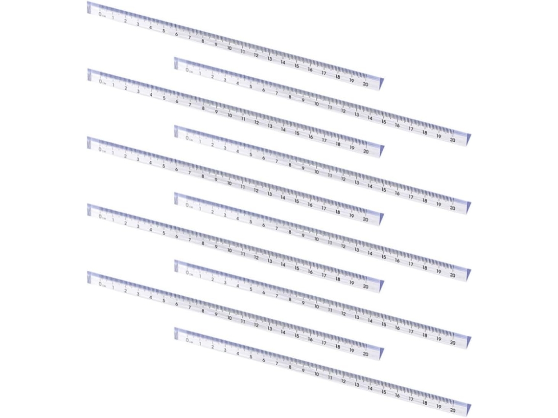 Régua triangular de plástico transparente de 20 cm, pacote com 10 unidades.