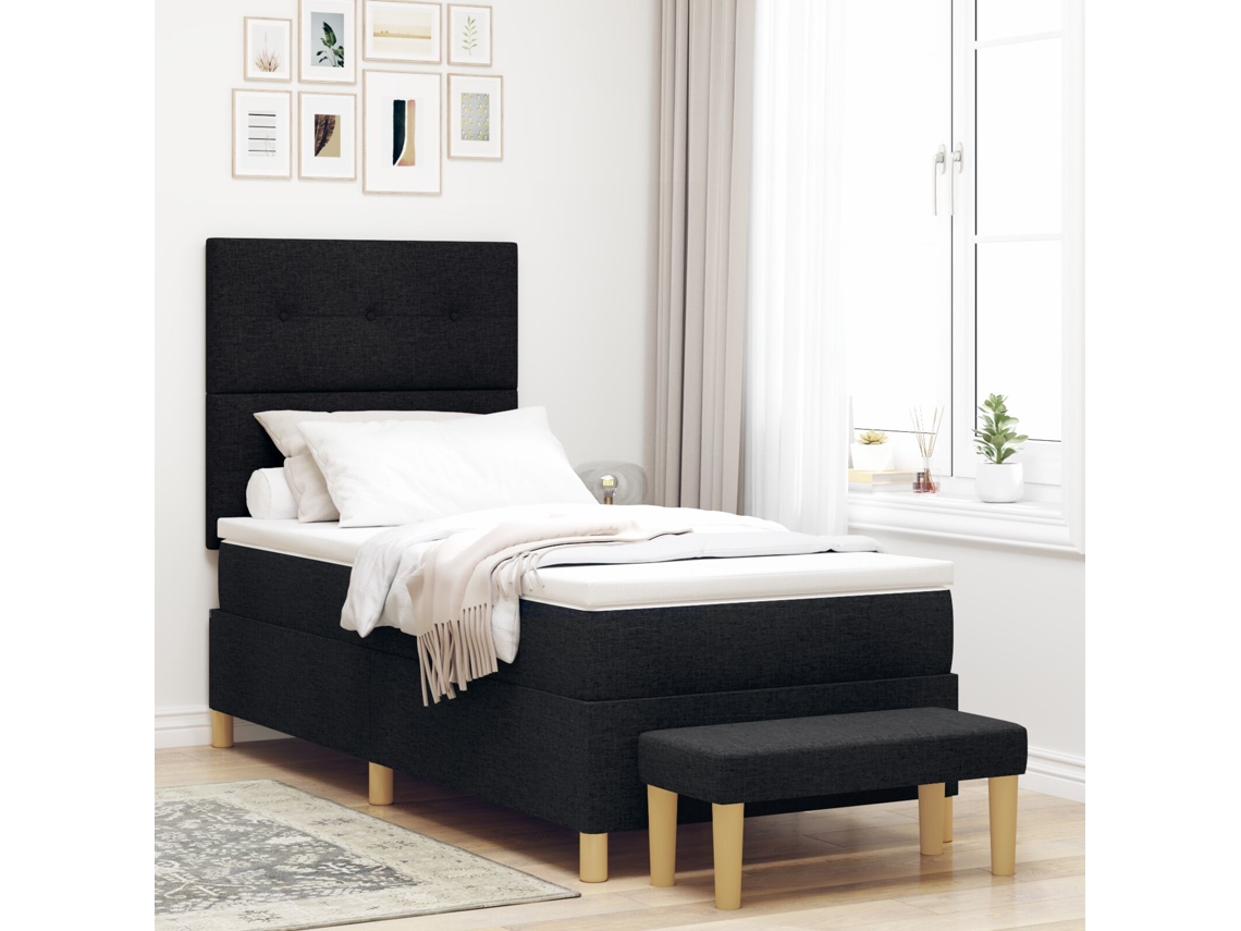 Cama Box Spring Com Colchão E Banco Preto 90x190 Cm Tecido