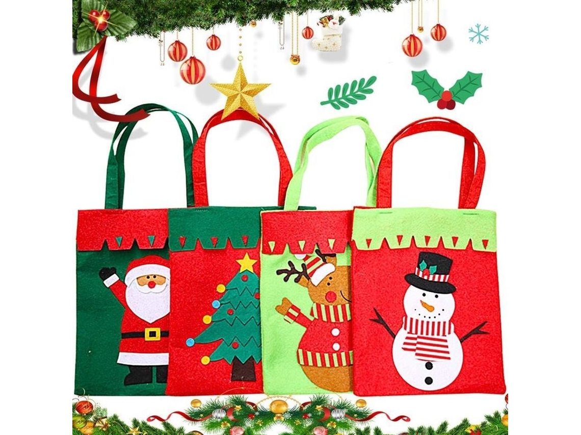 Conjunto de 4 Sacolas de Presente de Natal em Tecido Não Tecido com Alças para Presentes e Festas