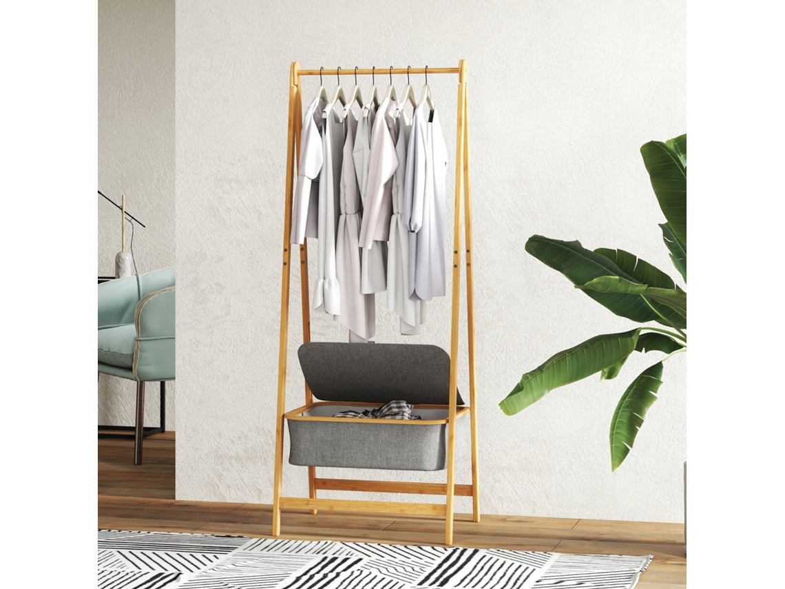 Supte P/ Cabides De Bambu Com Cesto Tecido E Dobrável 60x44.5x157.5 Cm Madeira Cinzento