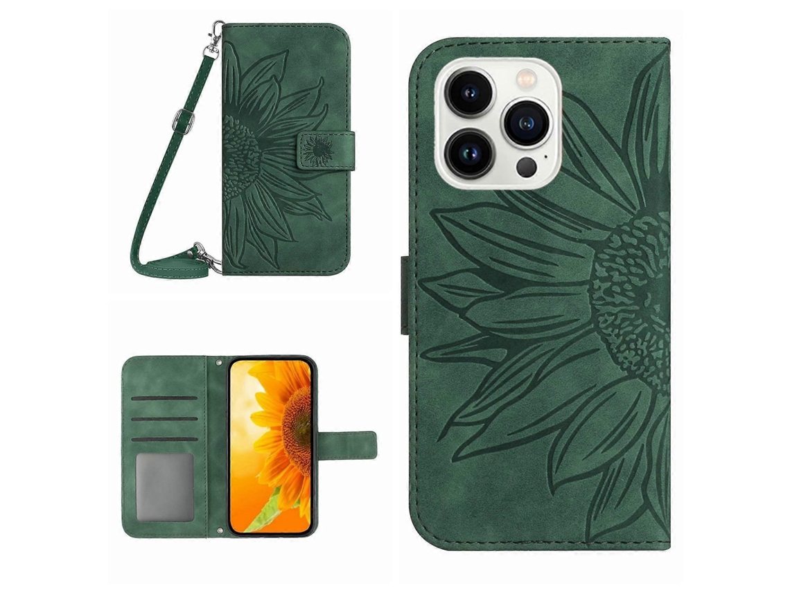 Capa De Couro Com Estampa De Girassol E Alça De Ombro Para Iphone 16 Pro