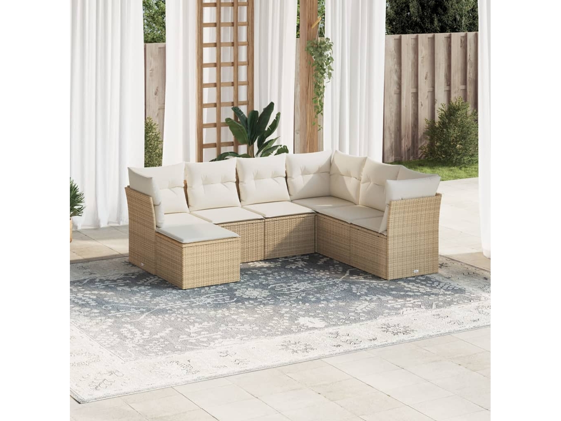 Vidaxl 7 Pcs Conjunto De Sofás P/ Jardim Com Almofadões Vime Pe Bege