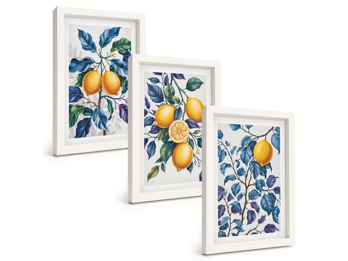 Composição De Quadros Na Parede Limões, Galhos, Folhas Azuis Moldura Branca Quadros Para A Sala De Estar Espelharte (3 Peças 20x30 Cm)