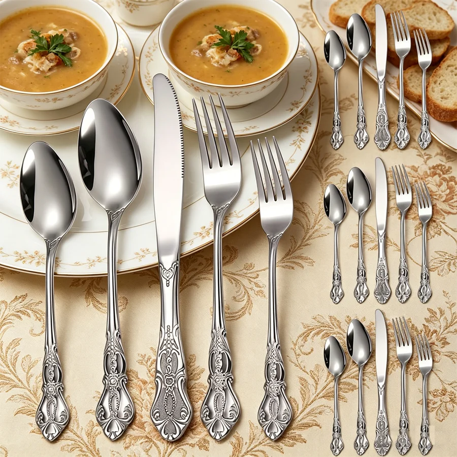 Conjunto De Jantar Real Elegante E Sofisticado (20 Peças, Prata), Feito De Aço Inoxidável Durável.