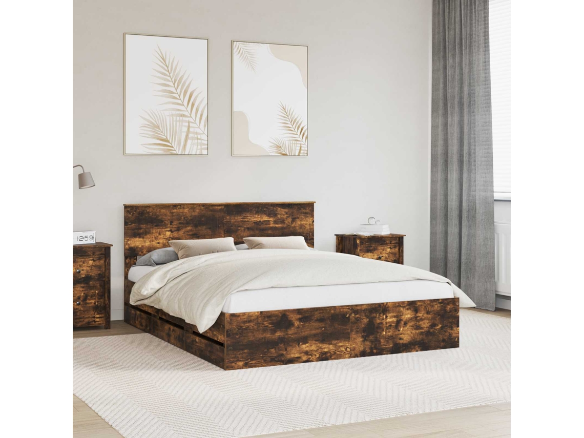 Vidaxl Estrutura Da Cama Com Gaveta Carvalho Defumado 160 X 200 Cm