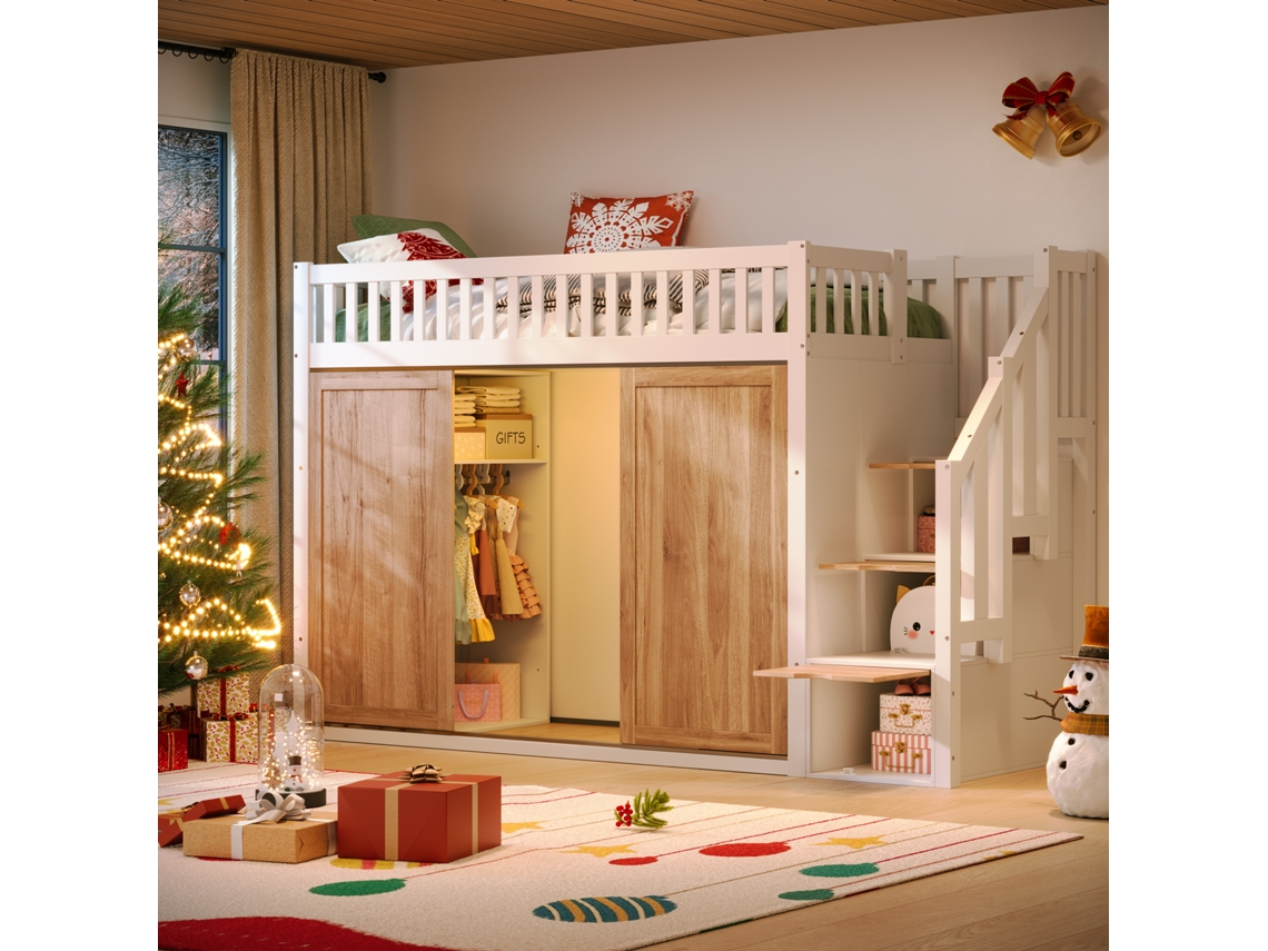 Cama Mezanino Infantil Branca/carvalho 90x200cm, Guarda-roupa, Escada, Led. -op