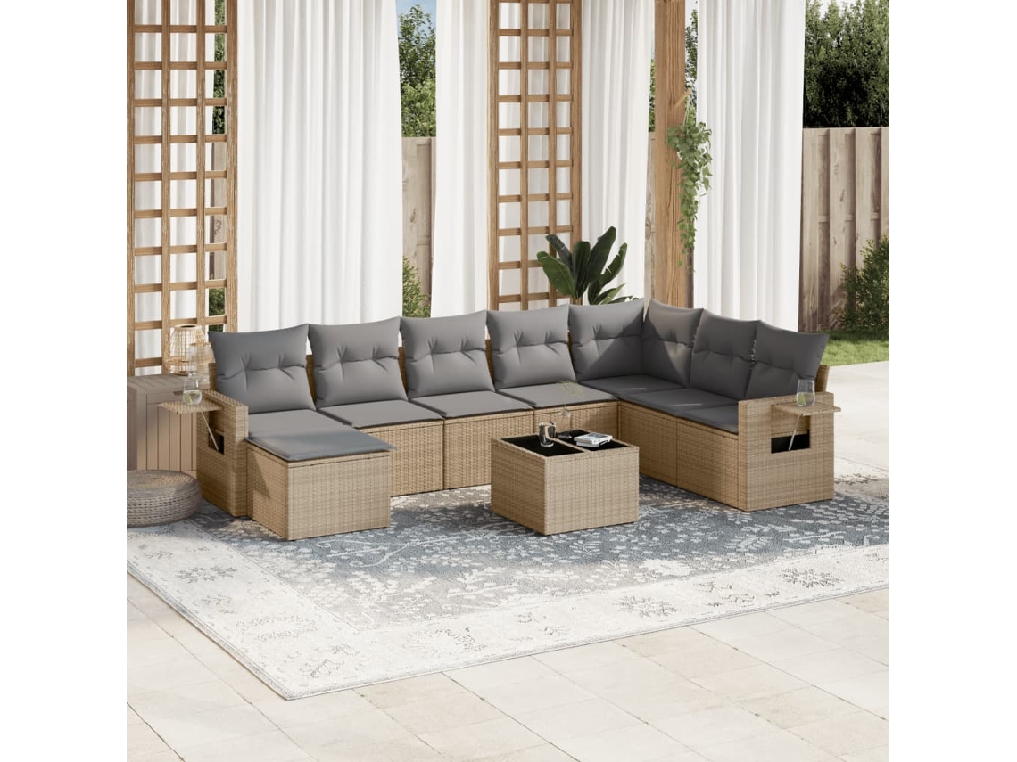Vidaxl 9 Pcs Conjunto de Sofás P/ Jardim com Almofadões Vime Pe Bege