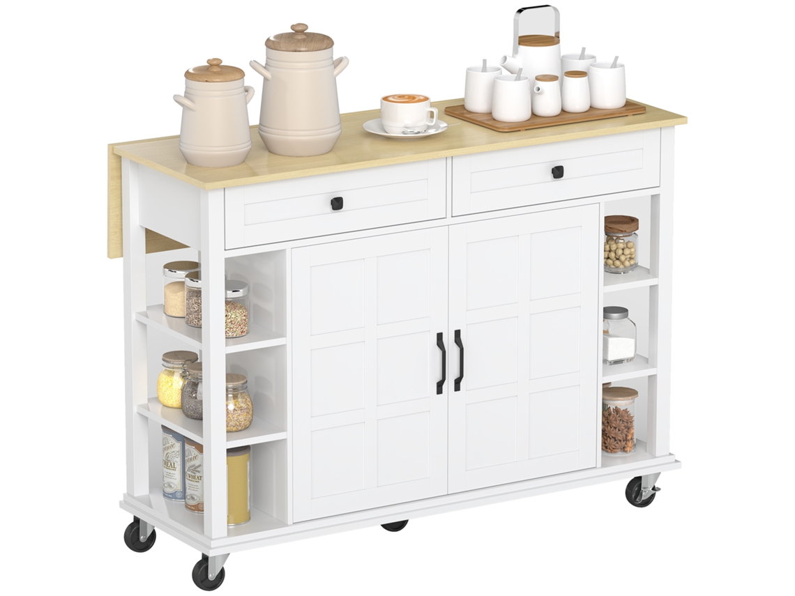 Ilha de Cozinha Dobrável com Rodas, branco, com 2 portas com fecho suave, 2 gavetas, 6 prateleiras abertas, 120x65x89cm S/MARCA
