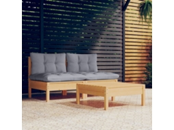 Vidaxl 3 Pcs Conjunto Lounge De Jardim C/ Almofadões Cinzentos Pinho