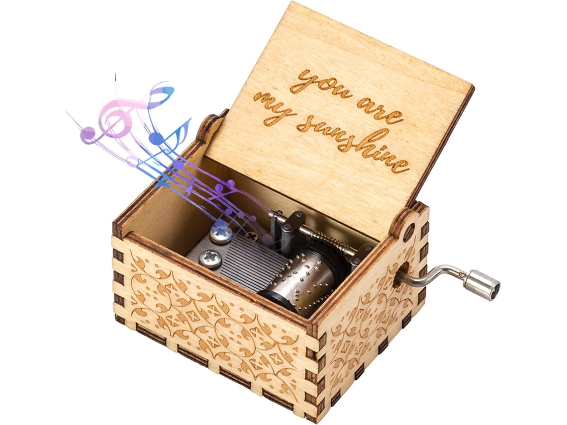 Caixa de Música em Madeira com Manivela You Are My Sunshine Gravada a Laser AQUAFORGE