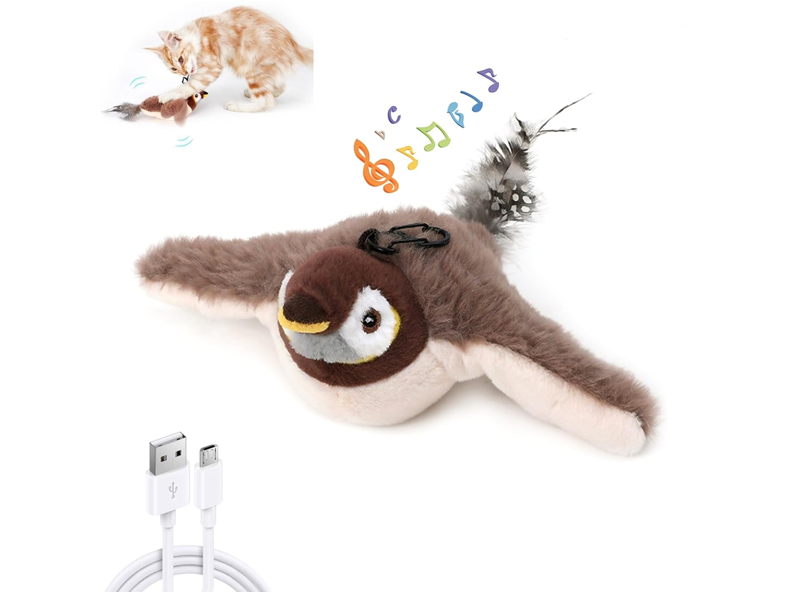 Brinquedo em Formato de Pássaro para Gatos. Automático, com Asas Móveis e Som de Canto. Simula Pardal, Diverte Gatos Domésticos. Cor Marrom.