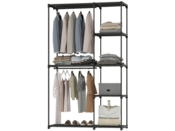 Armário De Armazenamento Portátil Com 2 Barras Suspensas E 6 Prateleiras, 111x43x185cm, Roupas Preto