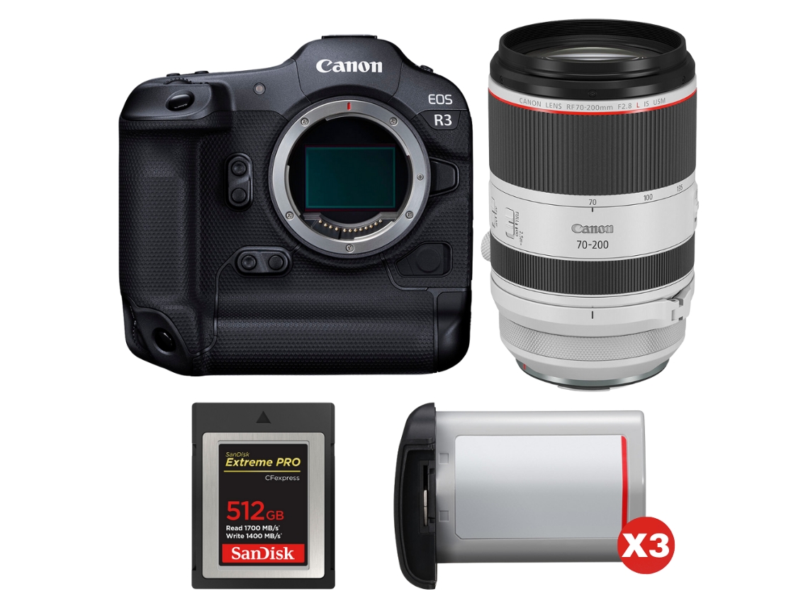 Eos R3 + Rf 70 200mm F/2.8 L Is Usm + 1 Sandisk 512gb Extreme Pro Cfexpress Type B + 3 Canon Lp e19 + Ebook Pricedirect CANON