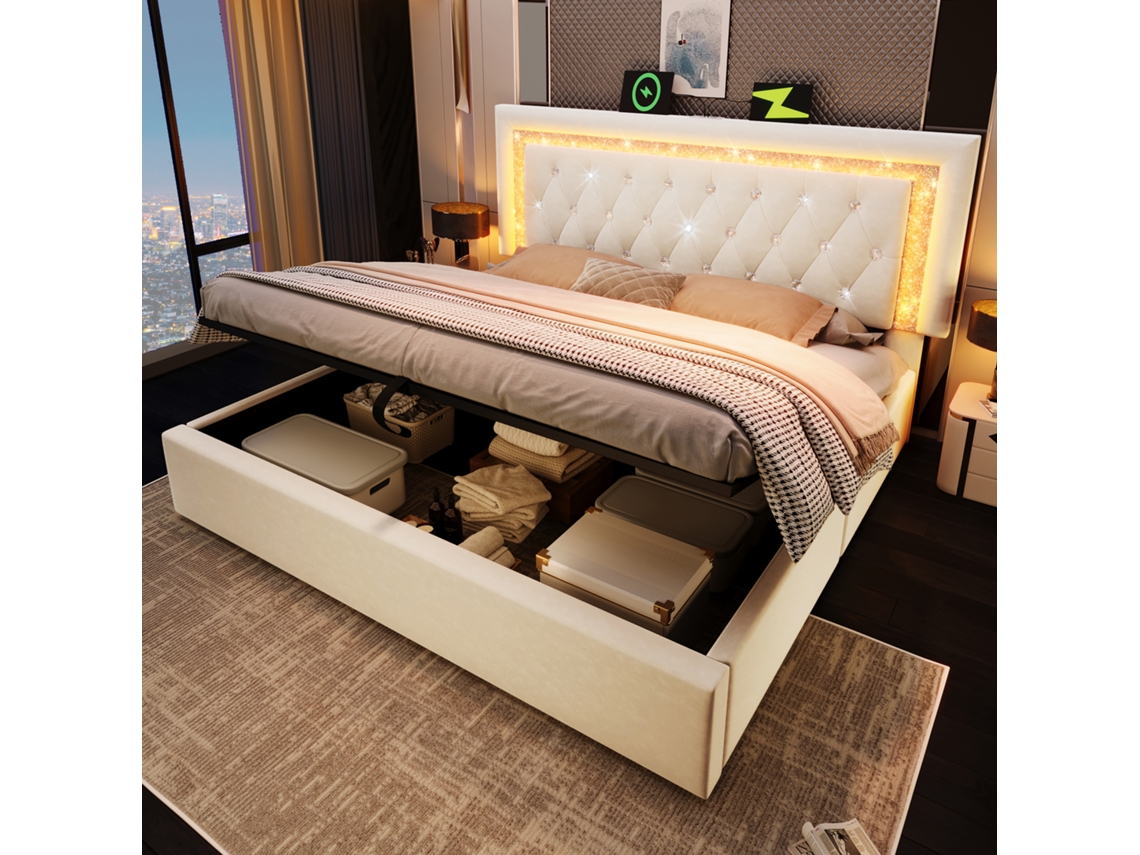 Cama Casal 160x200 Bege Com Led, Usb, Type-c E Armário Hidráulico