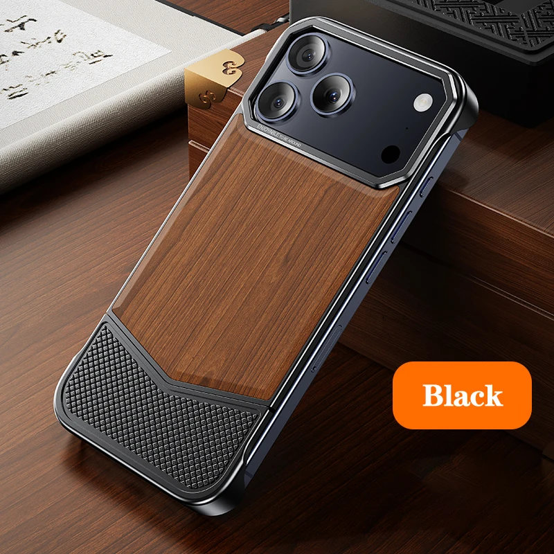 Capa De Madeira Para Iphone 17 Pro (preta), Design Minimalista Sem Moldura, Resistente A Impactos E Quedas.