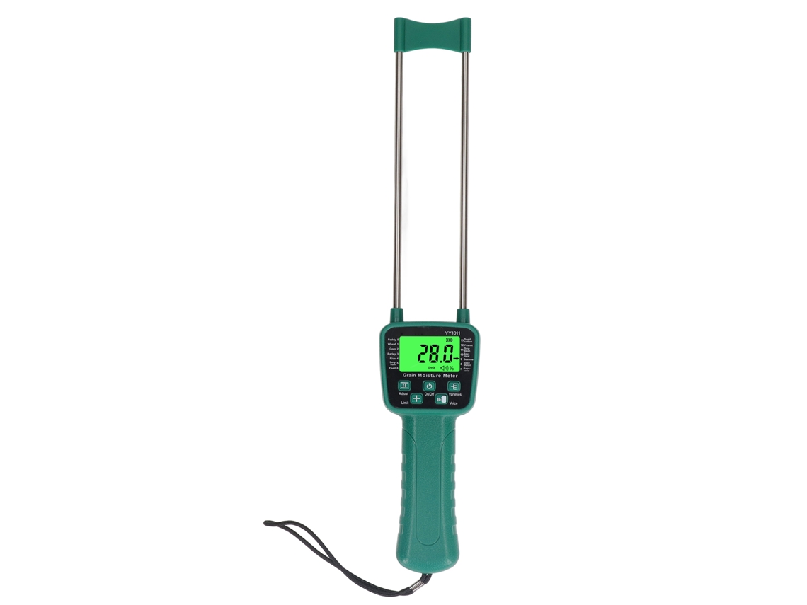 Medidor de umidade para trigo, soja e grãos com visor LCD e aviso de voz.