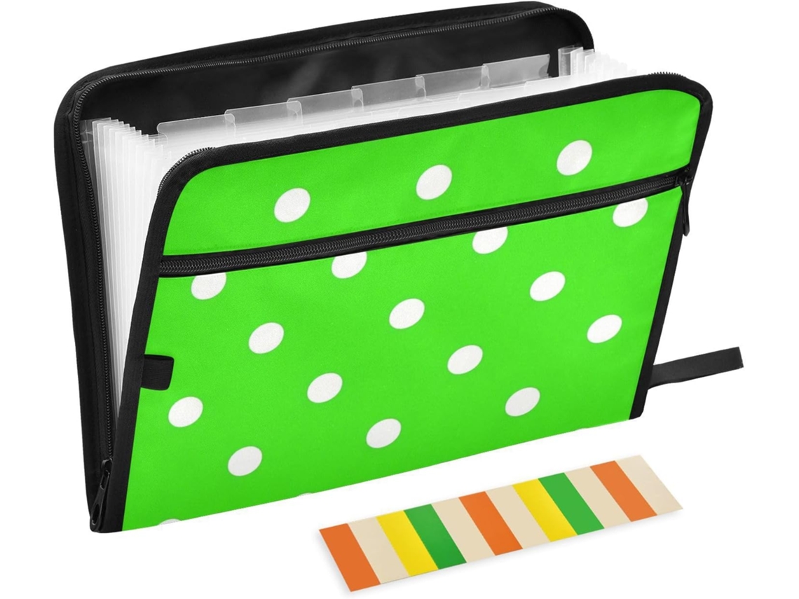 Pasta Expansível Com Estampa De Bolinhas, Verde Fluorescente, Com 13 Bolsos, Tamanho A4 E Carta, Com Fechamento Em Zíper