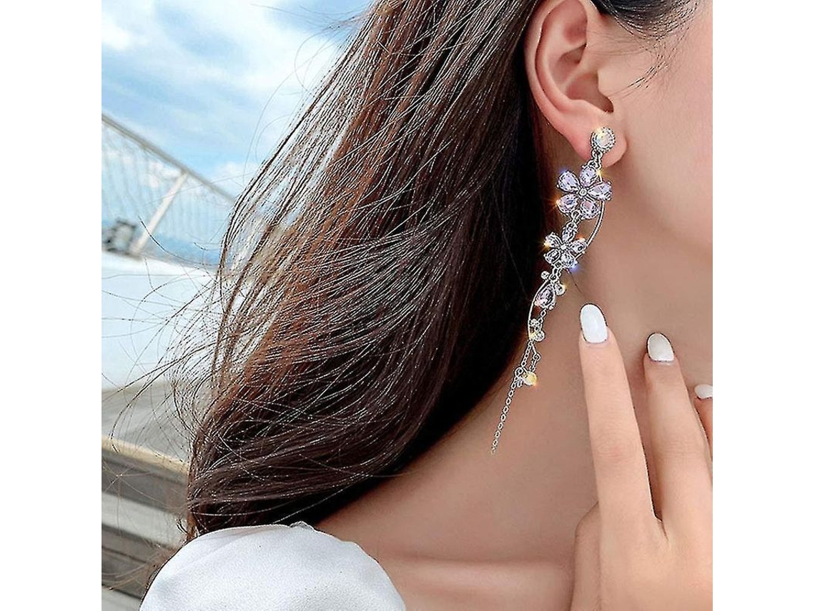 2026 aretes Largos de Flores de Prata com Piedras Rhinestones Roxas para Mulher e Menina Joias Corporais