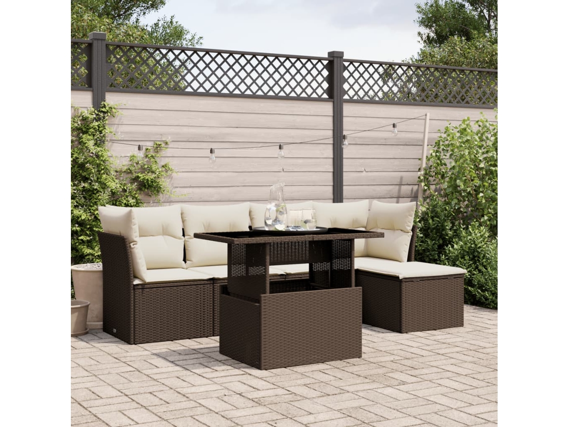 Vidaxl 6 Pcs Conjunto De Sofás Jardim C/ Almofadões Vime Pe Castanho