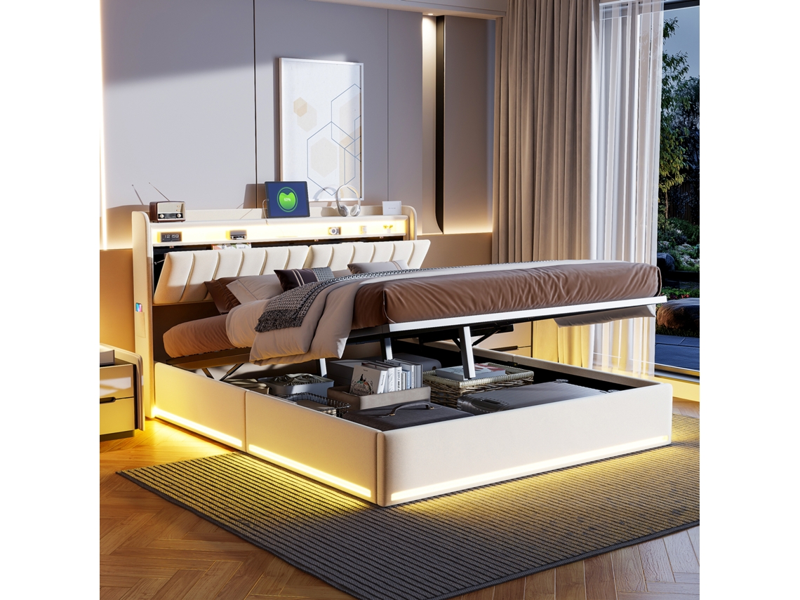 Cama Casal Led Hidráulica 140x200 Cm Cabeceira Veludo Armazenamento Luz Rgb