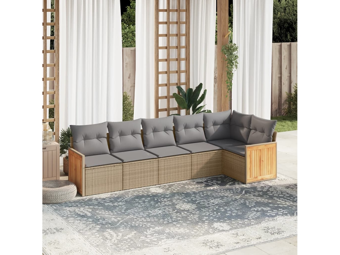Vidaxl 6 Pcs Conjunto De Sofás P/ Jardim Com Almofadões Vime Pe Bege