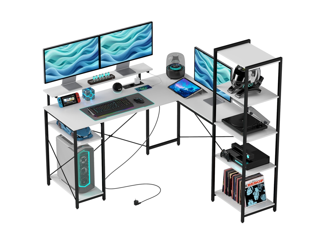 Mesa Angular com Tomada Elétrica e Usb,prateleira e Suporte para Monitor branco e Preto BTFORUS