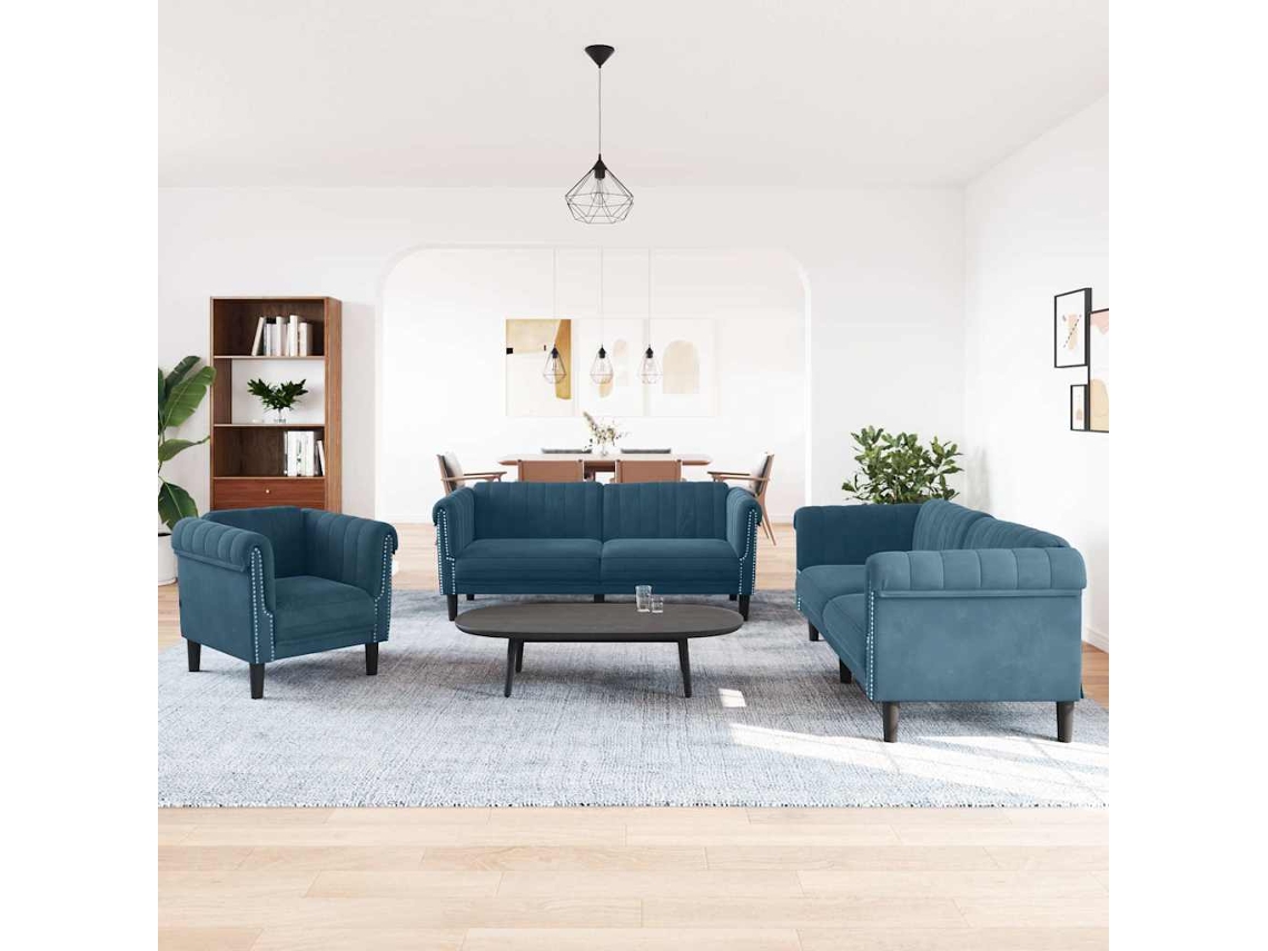 Vidaxl 3 Pcs Conjunto De Sofás Veludo Azul