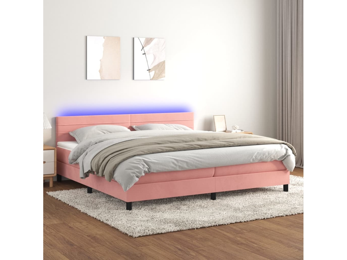 Vidaxl Cama Box Spring C/ Colchão/led 200x200 Cm Veludo Rosa