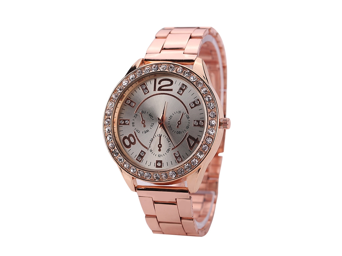 Relógio Feminino de Moda com Pulseira de Aço Inoxidável e Strass Quartzo Champanhe