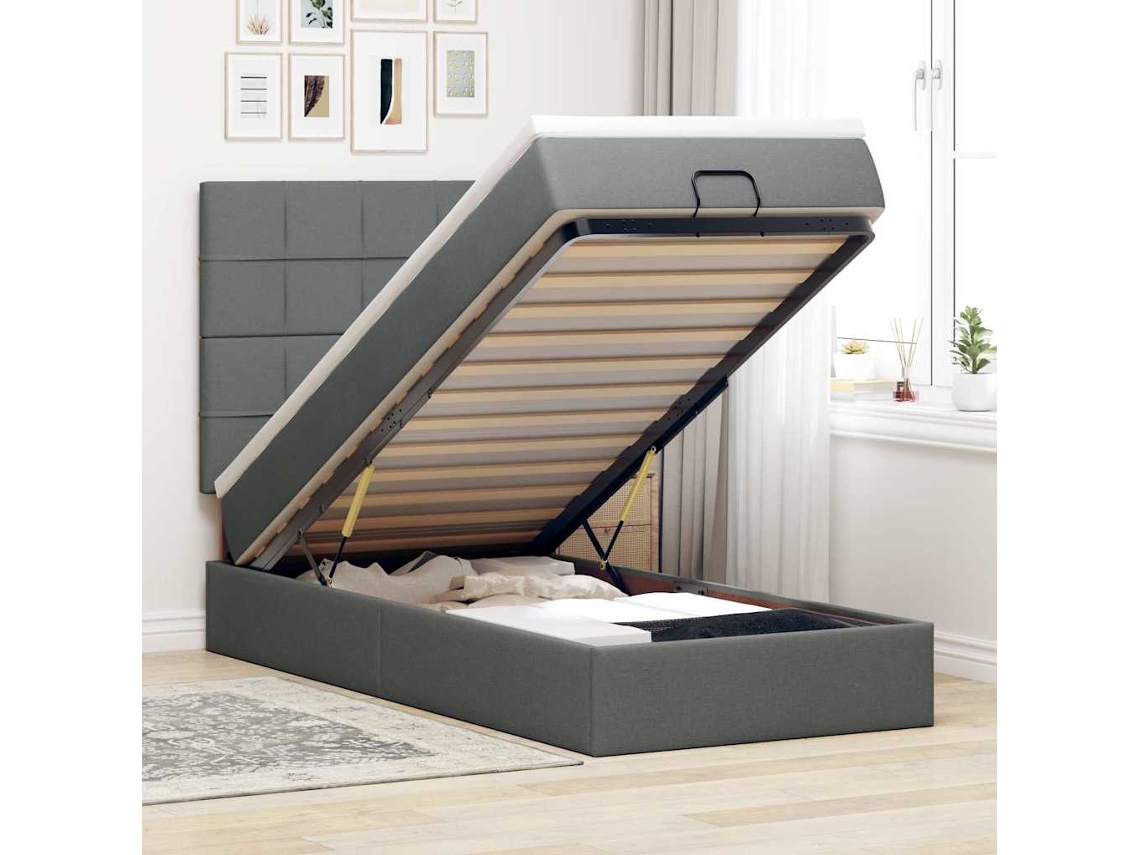 Estrutura Cama Otomana Colchão 100x200cm Tecido Cinzento Escuro