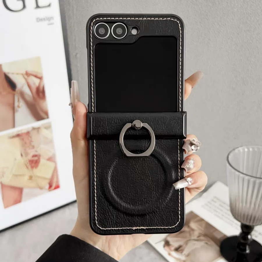 (preto, Galaxy Z Flip4) Capa De Celular Retrô Em Couro Granulado Com Suporte Articulado Magnético