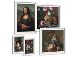 Quadros Decorativos Para Parede Flores, Crânio, Retrato Da Mona Lisa Moldura Branca Quadros Para O Escritório Espelharte (conjunto De 5 Imagens)
