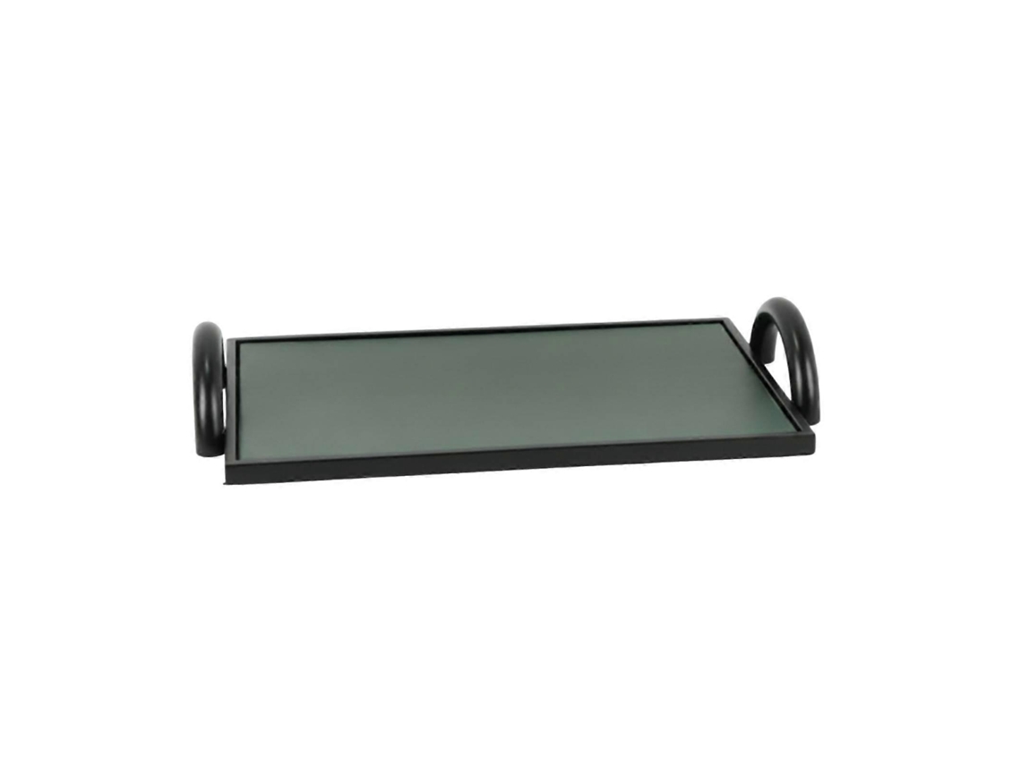 Bandeja Retangular De Metal Com Bordas Elevadas E Alças Em Formato De Laço, Design Minimalista.