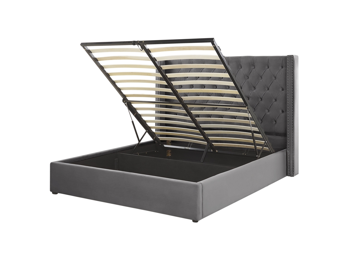 Cama de casal BELIANI Lubbon de Veludo Cinzento 190x217x144