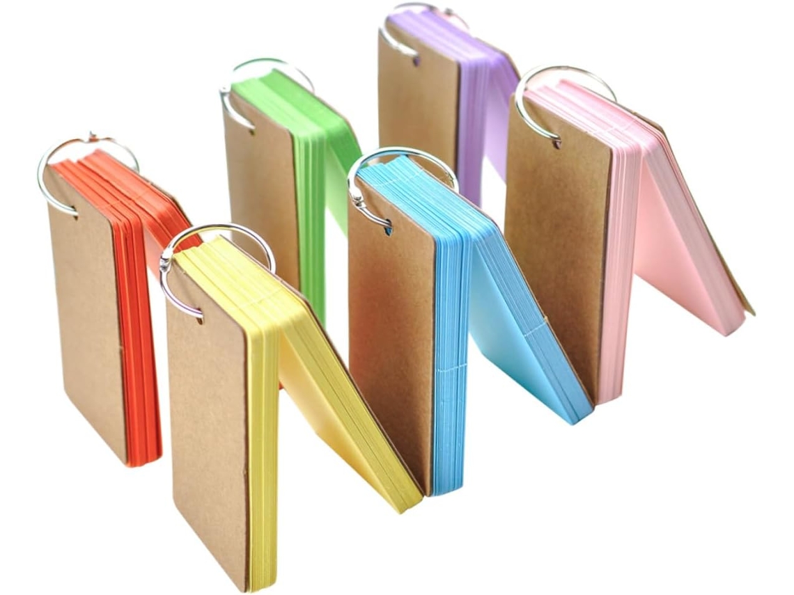 Conjunto de 6 Cadernos Práticos com Argolas, Cartões Estudo Multicoloridos em Papel Kraft para Anotações e Lem