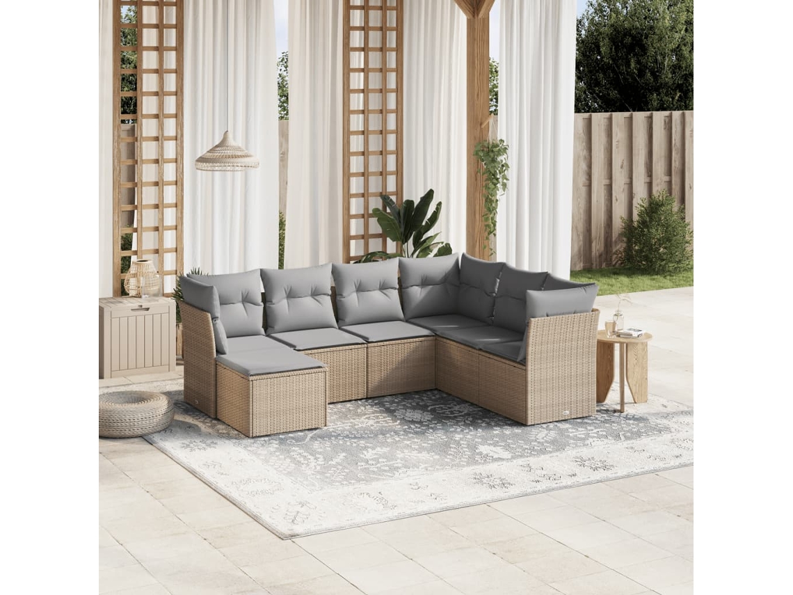 Vidaxl 7 Pcs Conj. Sofás Jardim C/ Almofadões Vime Pe Bege Misturado