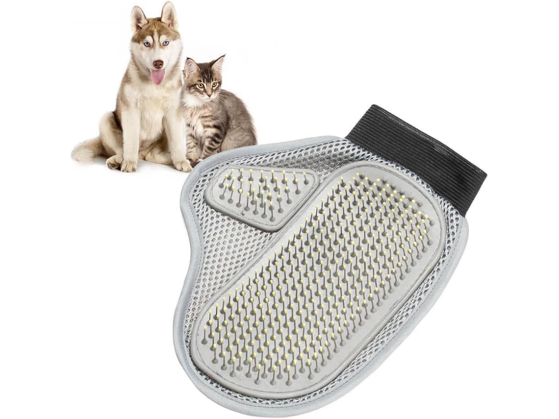 Luvas Escova Para Pelos Animais – Escova Cães E Gatos – Tpr/malha/fecho Velcro – Cinzento
