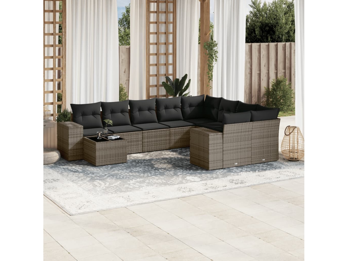 Vidaxl 10 Pcs Conjunto Sofás De Jardim C/ Almofadões Vime Pe Cinzento