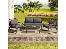 Conjunto de 4 Lugares para Jardim, Estrutura em Ferro Galvanizado, Mesa com Tampo de Vidro Temperado, Pés Ajustáveis, Almofadas para Assento, Preta KOMHTOM