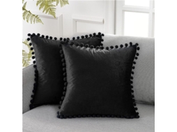 2026 funda de Almofada Decorativa de Terciopelo Suave com Pompones 18x18 Polegadas para Sofá, Dormitório e Carro, Pacote de 2, Preto