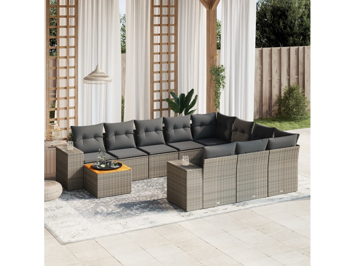 Vidaxl 11 Pcs Conjunto Sofás De Jardim C/ Almofadões Vime Pe Cinzento