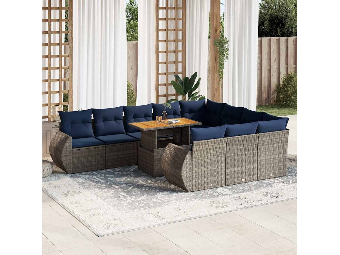 Vidaxl 11 Pcs Conjunto Sofás De Jardim C/ Almofadões Vime Pe Cinzento