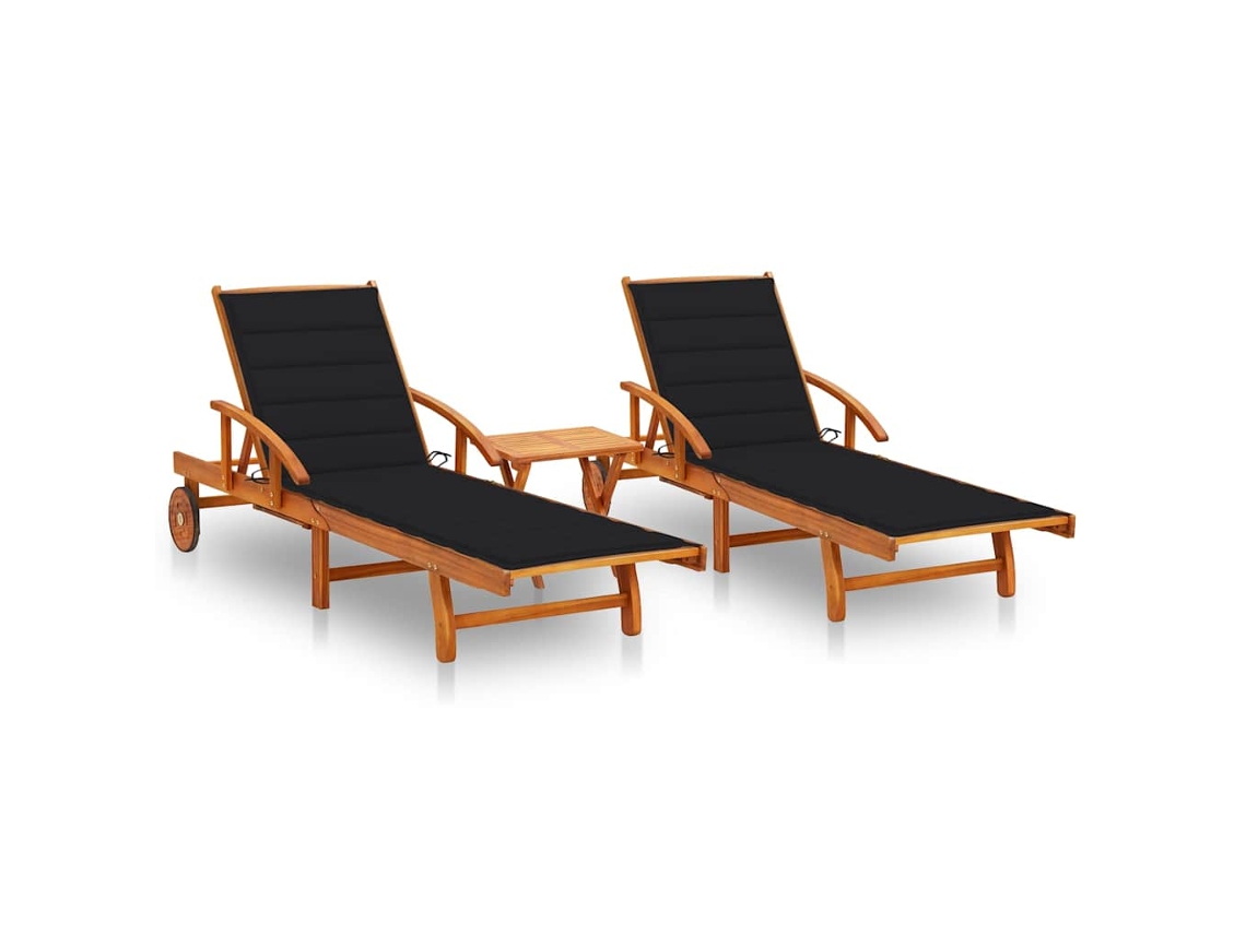 Vidaxl Espreguiçadeiras Com Mesa E Almofadões 2 Pcs Acácia Maciça