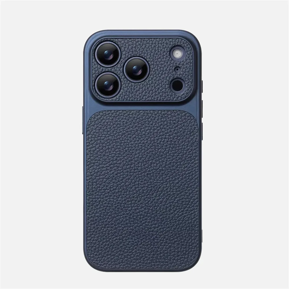(azul Iphone 15 Pro) Capa Elegante Para Iphone Com Textura De Couro E Proteção Para A Lente.