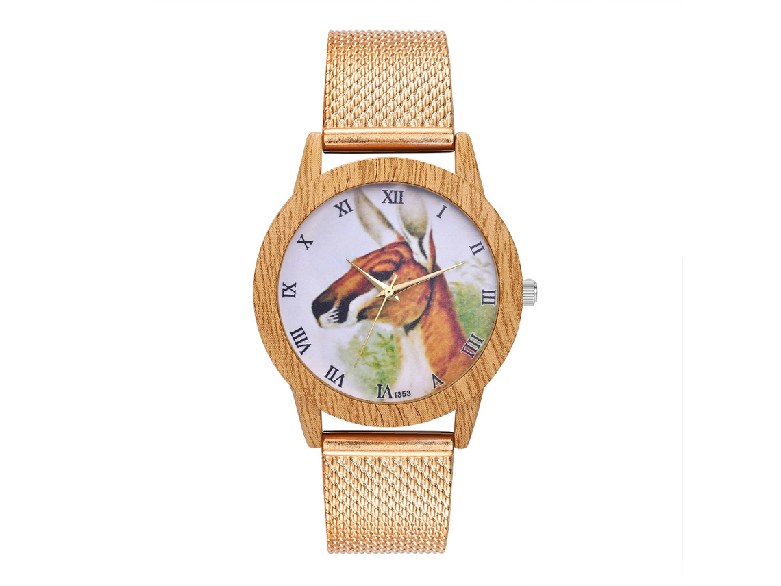 Relógio de Pulso Feminino de Quartzo com Pulseira de Malha Padrão Animal Simples (ouro Rosa)
