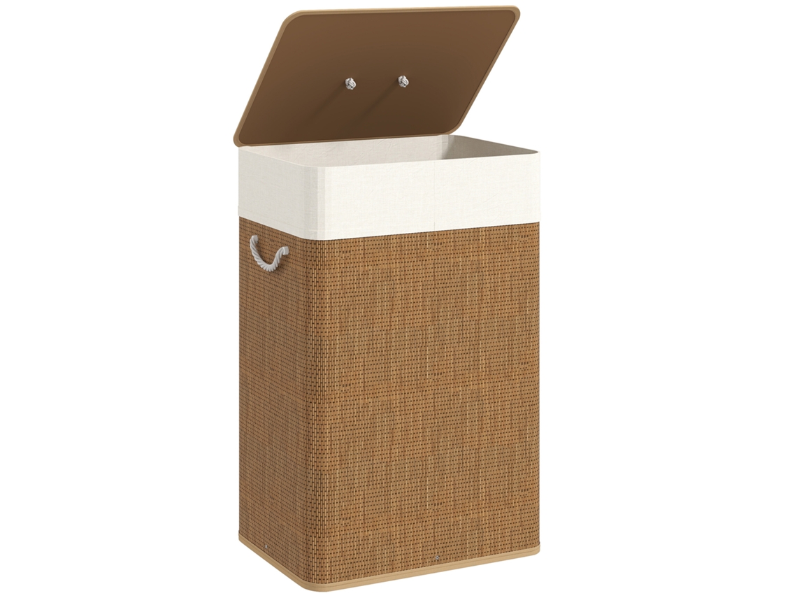 Cesto De Roupa Com Tampa 72l Cesto De Roupa De Bambu Com Bolsa Interior Removível E Alças 40x30x60 Cm Madeira E Creme