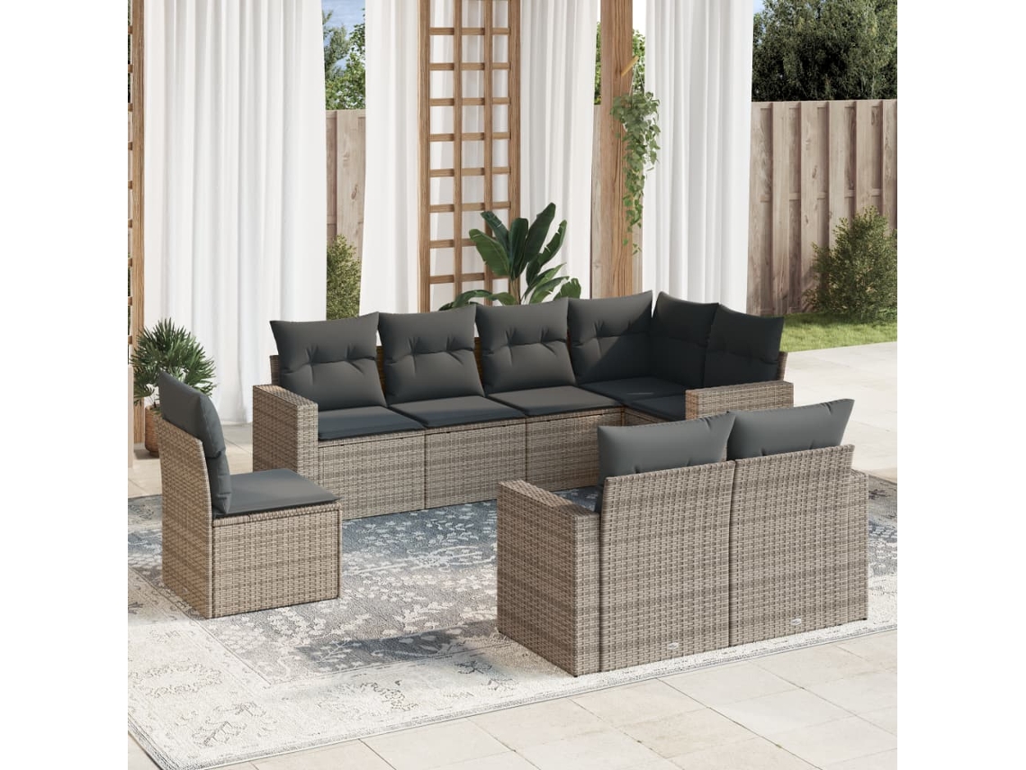 Vidaxl 8 Pcs Conjunto Sofás De Jardim C/ Almofadões Vime Pe Cinzento