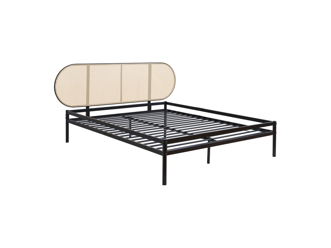 Cama Metálica Linköping Com Cabeceira Ovalada 160x200cm Preto / Efeito Rattan [EN.CASA]