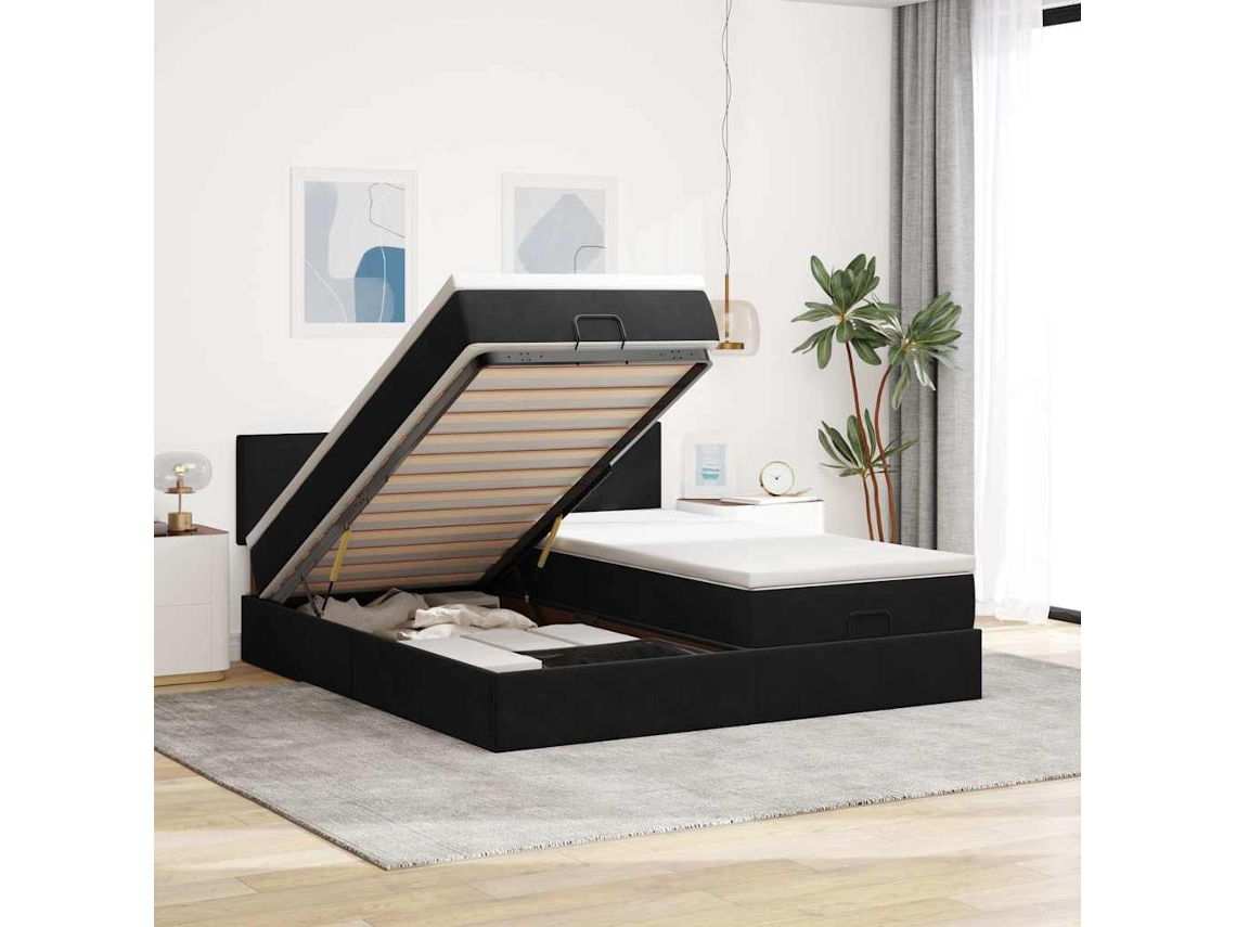 Estrutura De Cama Otomana Com Colchões 200x200cm Veludo Preto